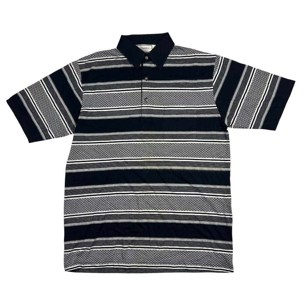 Classics by Palmland Polo Shirt Mens Large Black White Striped Retro Golf